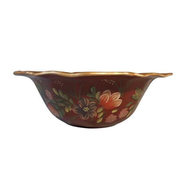 Maroon Tole Style Hand Painted Ceramic Bowl - Picture 4 of 9